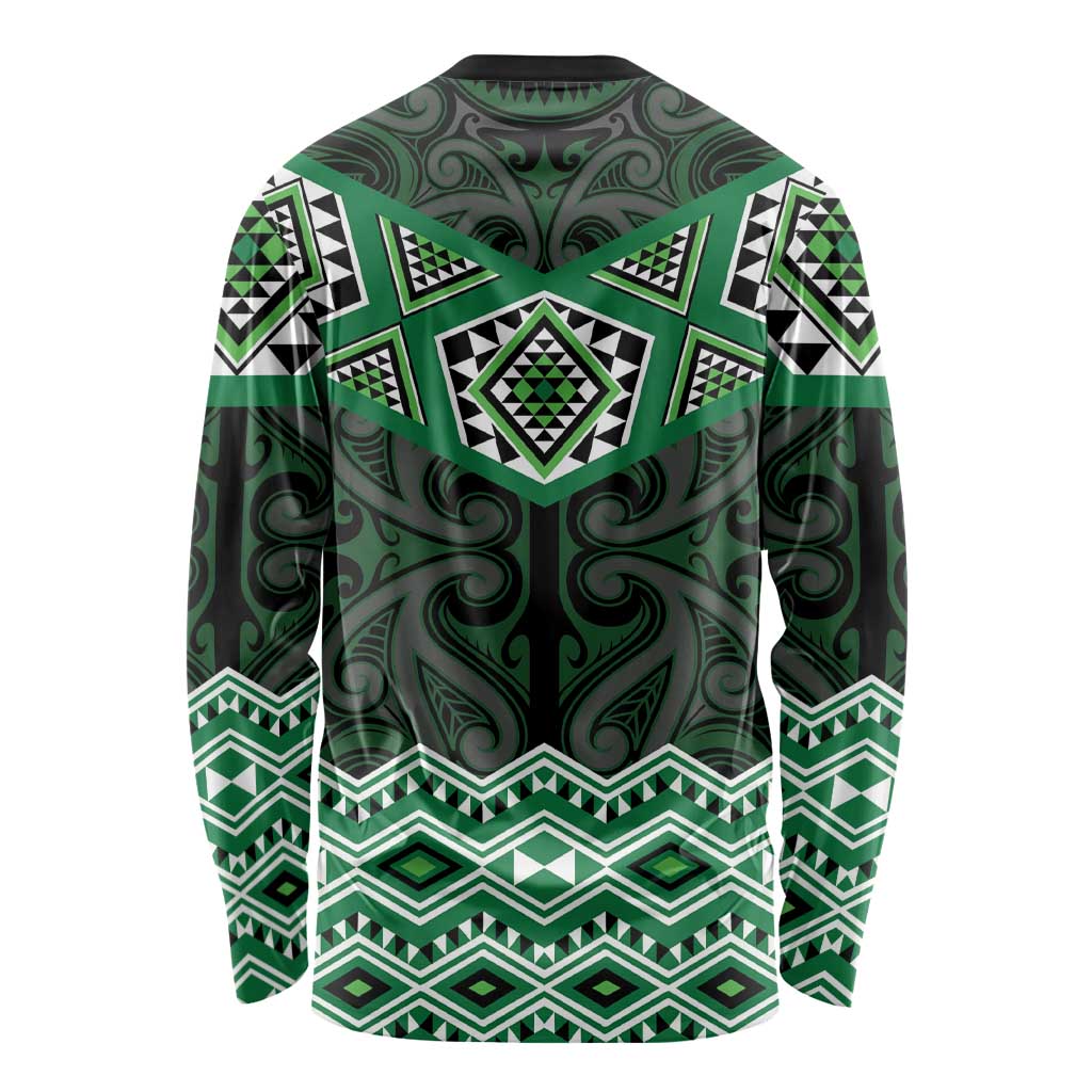 New Zealand Aotearoa Long Sleeve Shirt Green Taniko Art Maori Pattern LT05 - Polynesian Pride