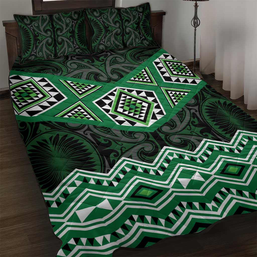 New Zealand Aotearoa Quilt Bed Set Green Taniko Art Maori Pattern