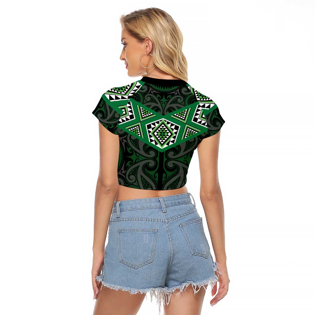 New Zealand Aotearoa Raglan Cropped T Shirt Green Taniko Art Maori Pattern LT05 - Polynesian Pride