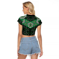New Zealand Aotearoa Raglan Cropped T Shirt Green Taniko Art Maori Pattern LT05 - Polynesian Pride
