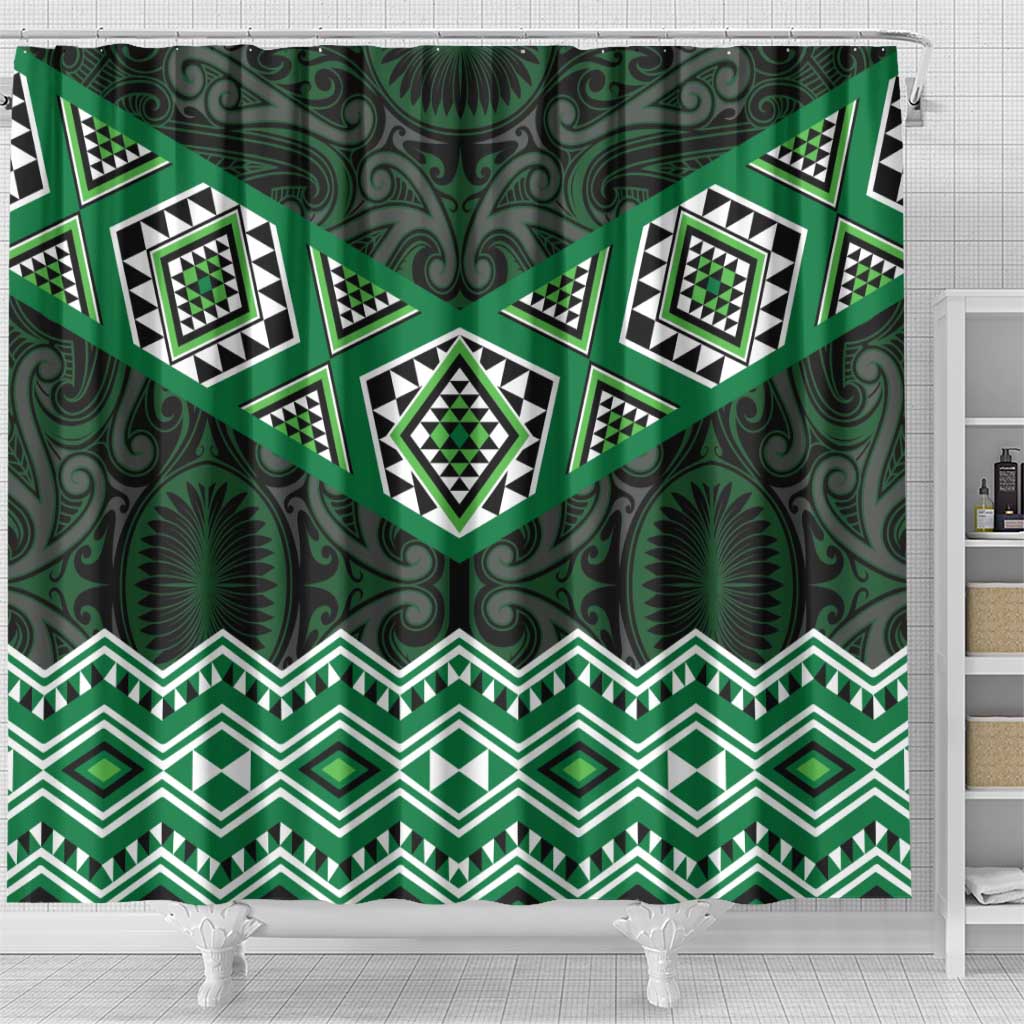 New Zealand Aotearoa Shower Curtain Green Taniko Art Maori Pattern