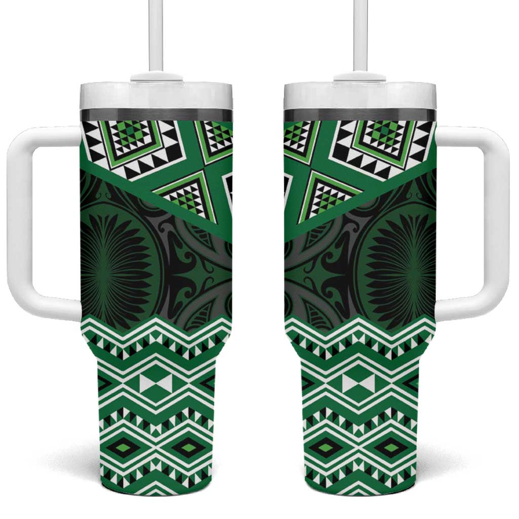 New Zealand Aotearoa Tumbler With Handle Green Taniko Art Maori Pattern LT05 One Size: 40 oz Green - Polynesian Pride