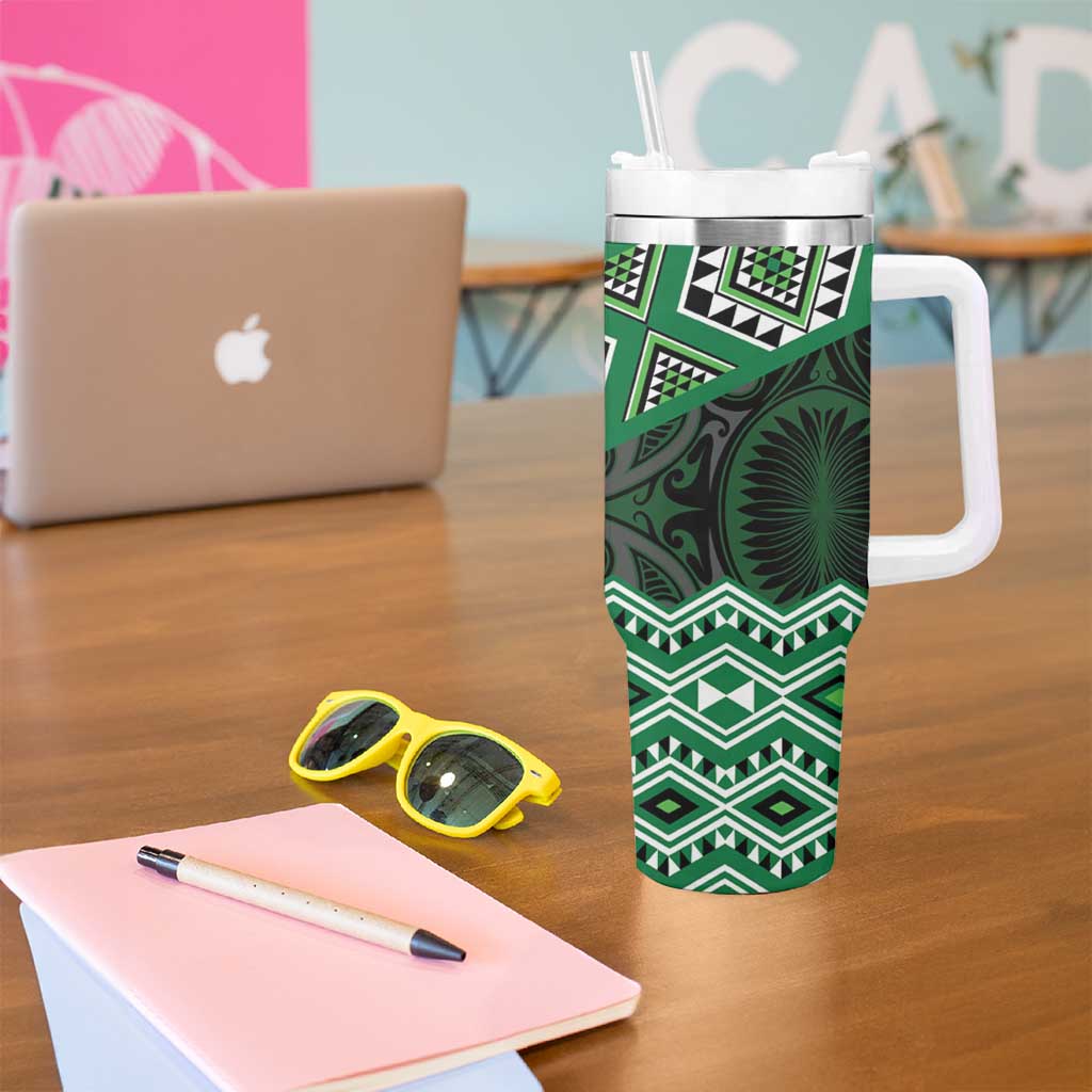 New Zealand Aotearoa Tumbler With Handle Green Taniko Art Maori Pattern LT05 - Polynesian Pride