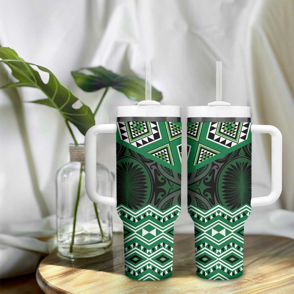 New Zealand Aotearoa Tumbler With Handle Green Taniko Art Maori Pattern LT05 - Polynesian Pride