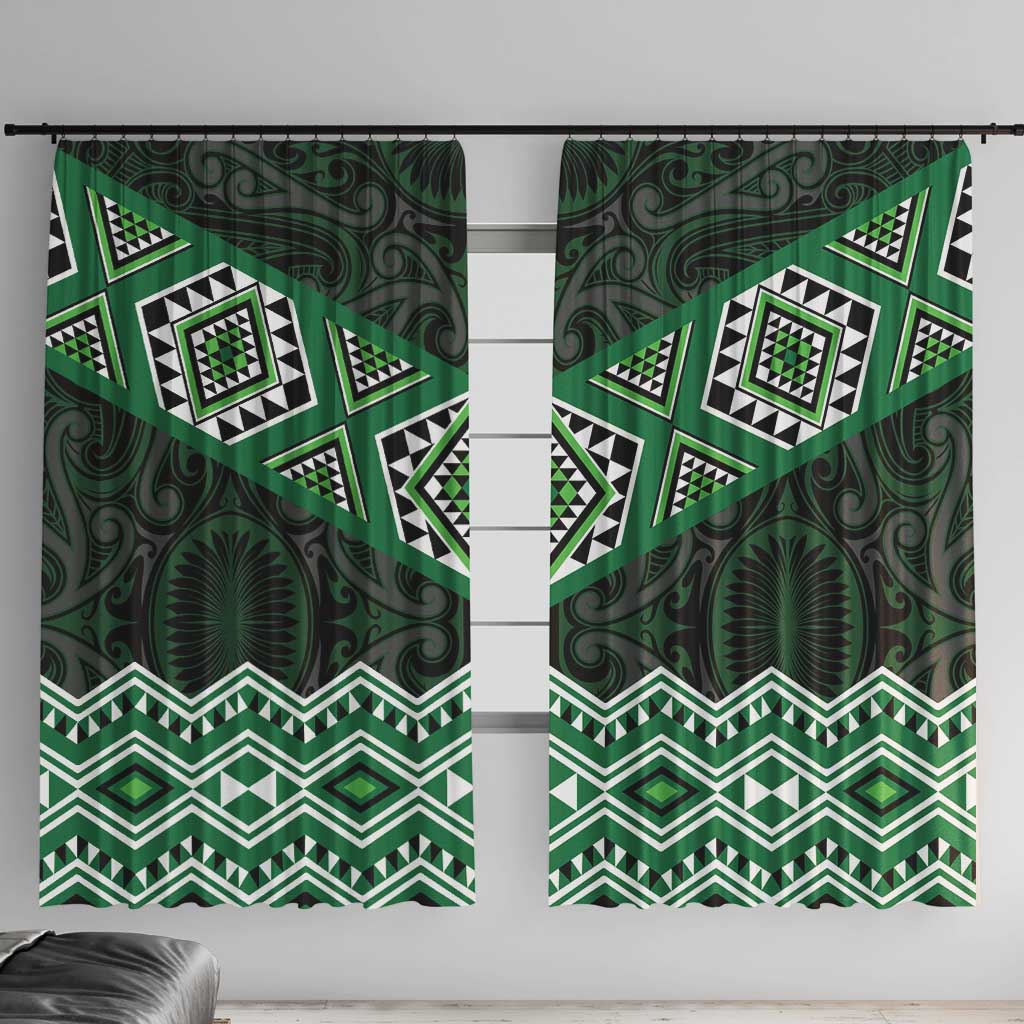 New Zealand Aotearoa Window Curtain Green Taniko Art Maori Pattern LT05 With Hooks Green - Polynesian Pride