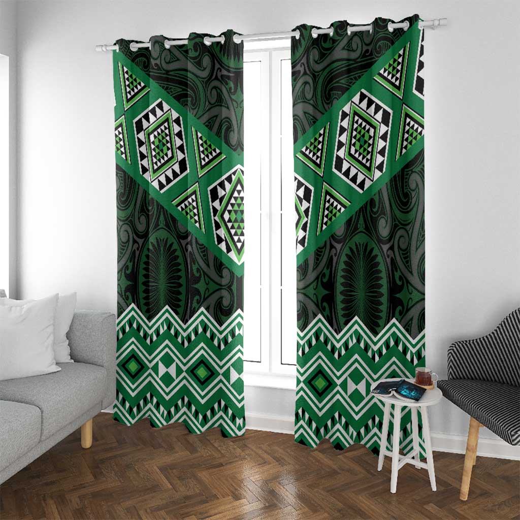 New Zealand Aotearoa Window Curtain Green Taniko Art Maori Pattern LT05 With Grommets Green - Polynesian Pride