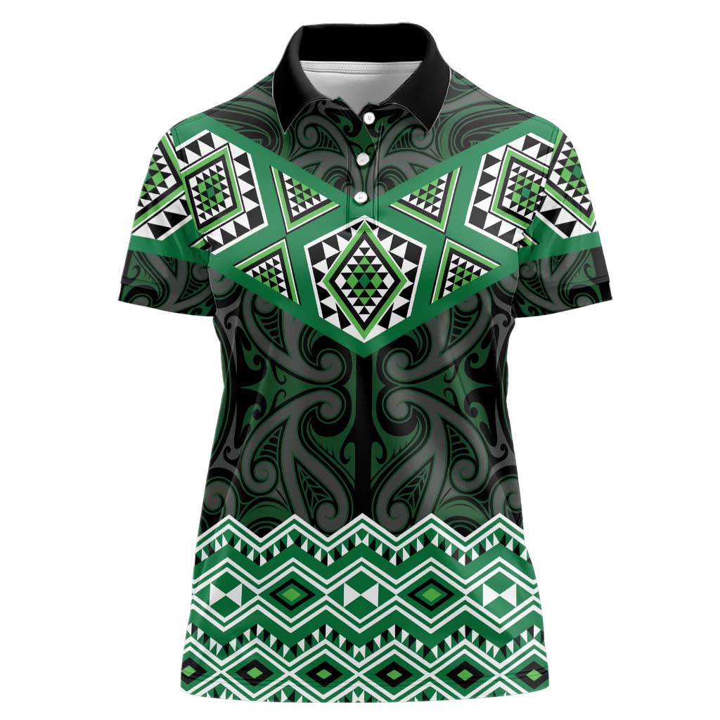 New Zealand Aotearoa Women Polo Shirt Green Taniko Art Maori Pattern