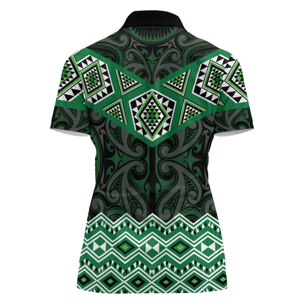 New Zealand Aotearoa Women Polo Shirt Green Taniko Art Maori Pattern