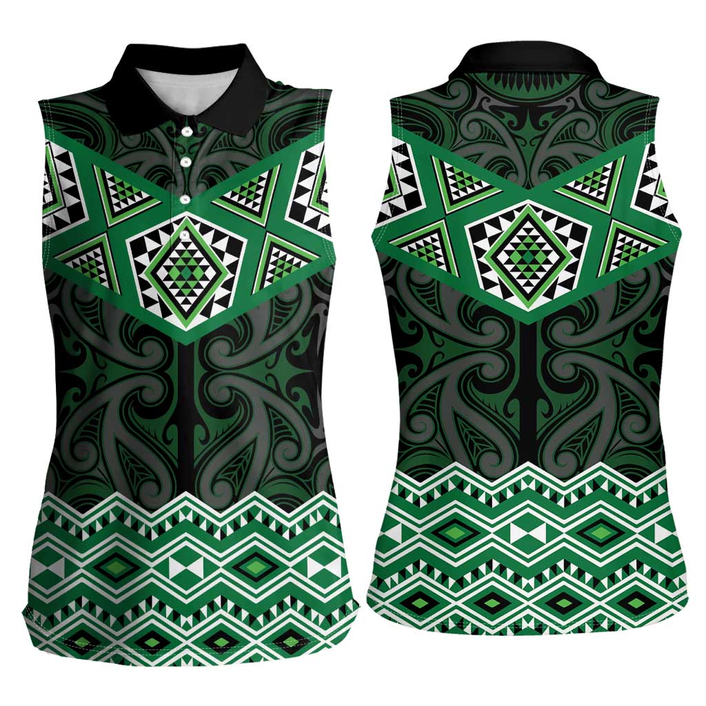 New Zealand Aotearoa Women Sleeveless Polo Shirt Green Taniko Art Maori Pattern