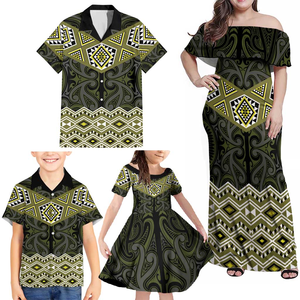 New Zealand Aotearoa Family Matching Off Shoulder Maxi Dress and Hawaiian Shirt Yellow Taniko Art Maori Pattern