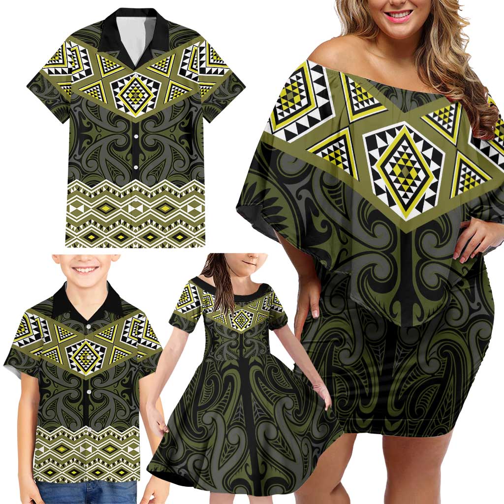 New Zealand Aotearoa Family Matching Off Shoulder Short Dress and Hawaiian Shirt Yellow Taniko Art Maori Pattern