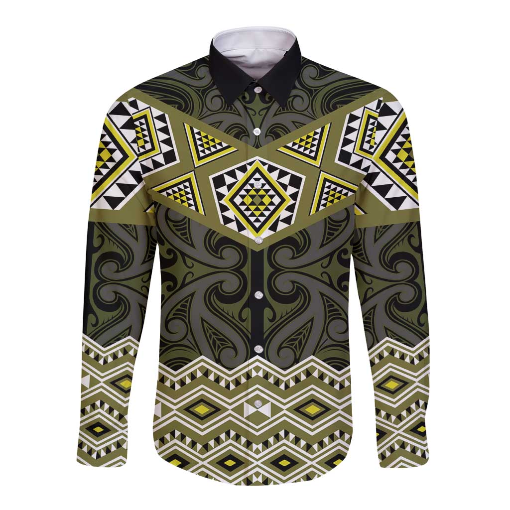 New Zealand Aotearoa Long Sleeve Button Shirt Yellow Taniko Art Maori Pattern LT05 Unisex Yellow - Polynesian Pride