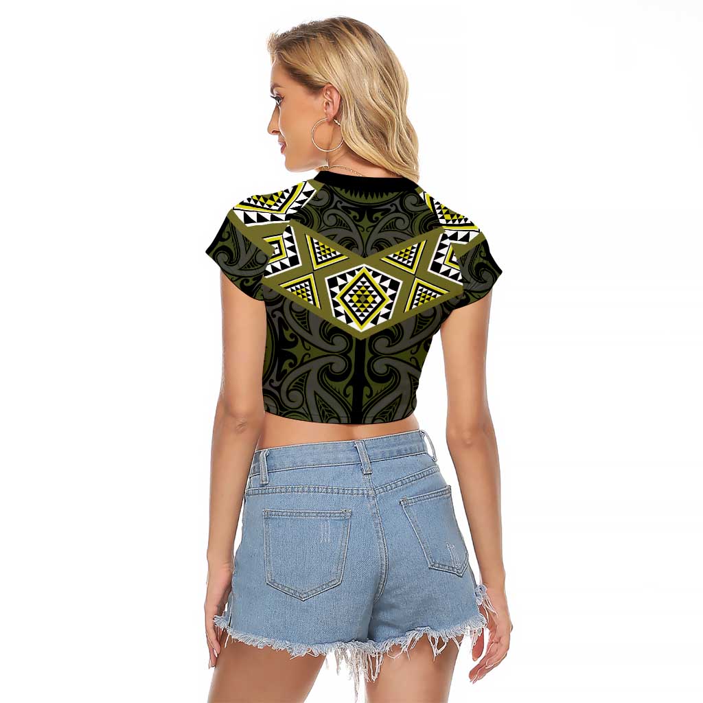 New Zealand Aotearoa Raglan Cropped T Shirt Yellow Taniko Art Maori Pattern LT05 - Polynesian Pride