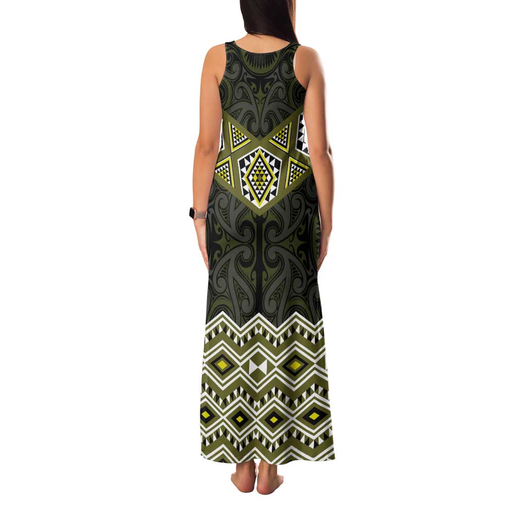 New Zealand Aotearoa Tank Maxi Dress Yellow Taniko Art Maori Pattern