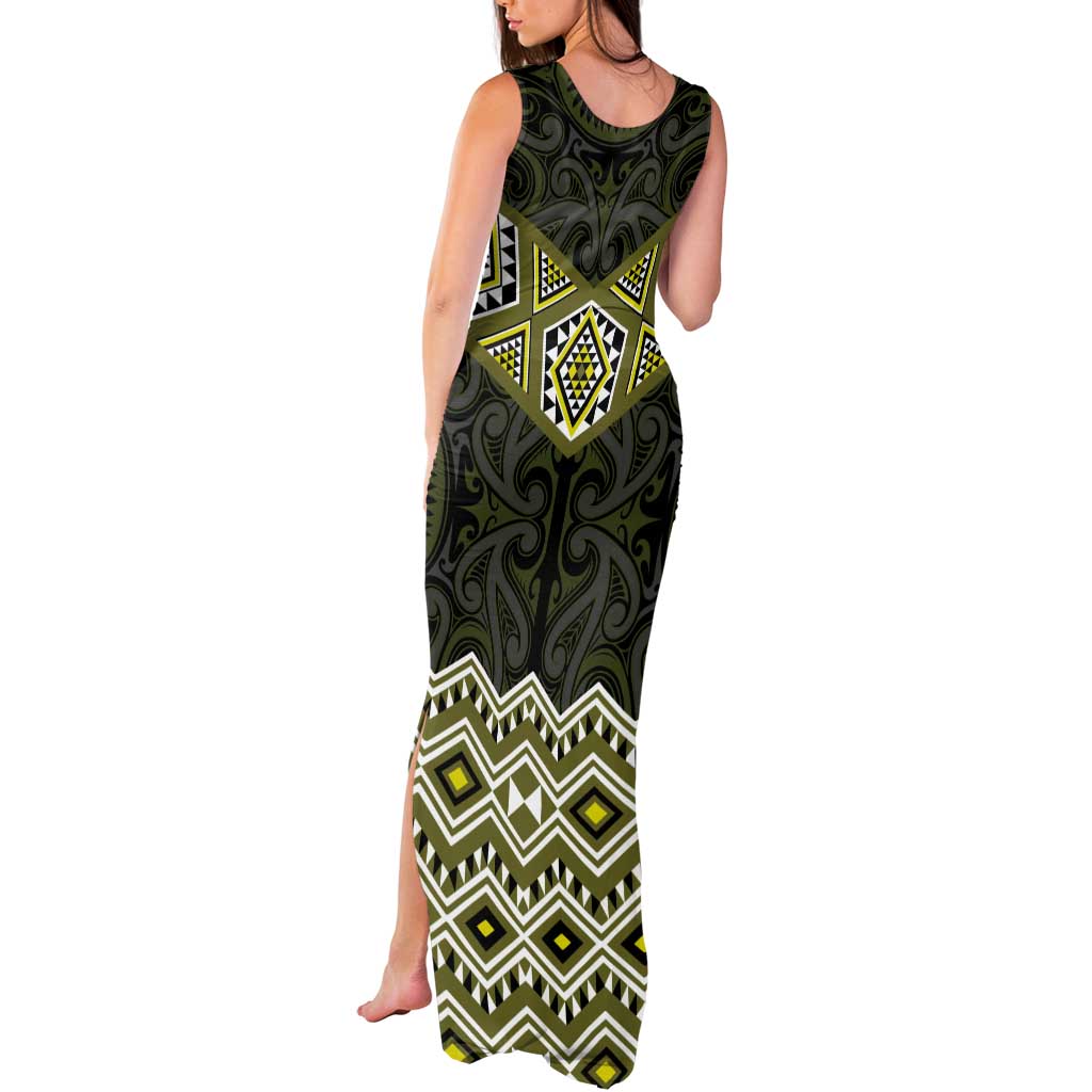 New Zealand Aotearoa Tank Maxi Dress Yellow Taniko Art Maori Pattern