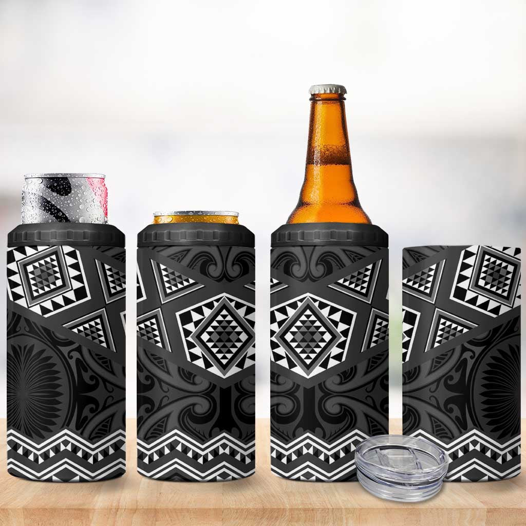 New Zealand Aotearoa 4 in 1 Can Cooler Tumbler Black Taniko Art Maori Pattern LT05 - Polynesian Pride