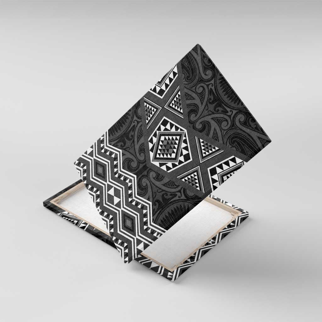 New Zealand Aotearoa Canvas Wall Art Black Taniko Art Maori Pattern LT05 With Frame Black - Polynesian Pride