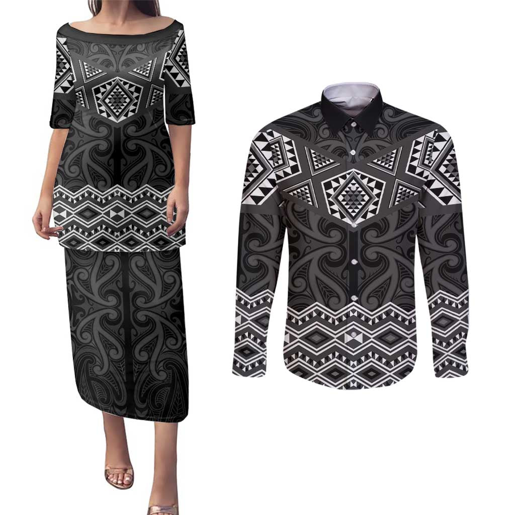 New Zealand Aotearoa Couples Matching Puletasi and Long Sleeve Button Shirt Black Taniko Art Maori Pattern LT05 Black - Polynesian Pride