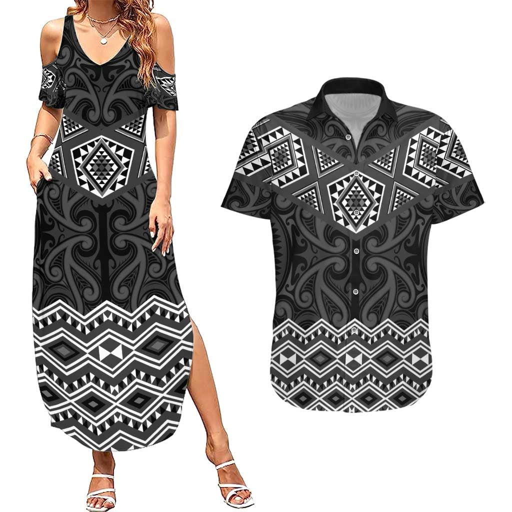 New Zealand Aotearoa Couples Matching Summer Maxi Dress and Hawaiian Shirt Black Taniko Art Maori Pattern LT05 Black - Polynesian Pride