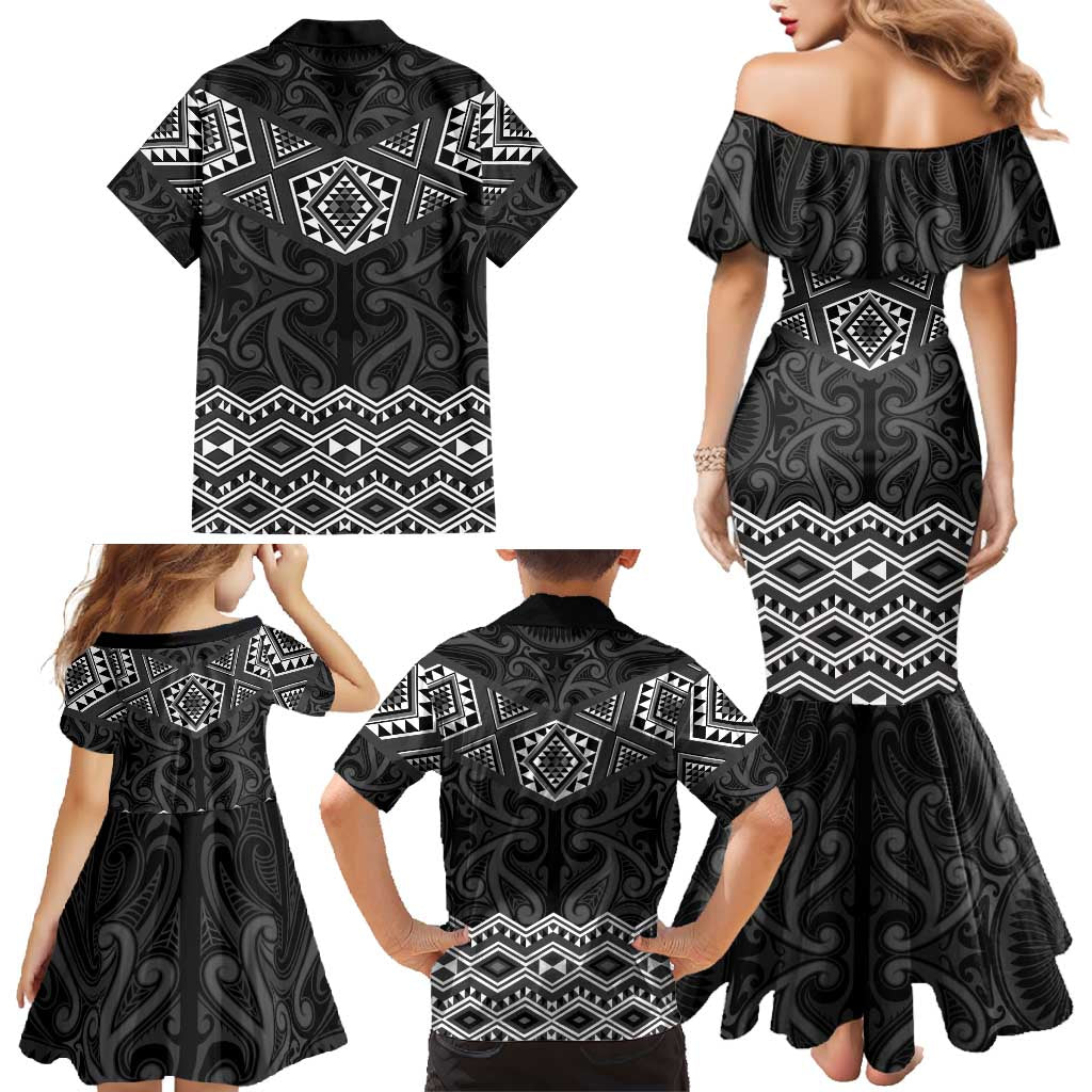New Zealand Aotearoa Family Matching Mermaid Dress and Hawaiian Shirt Black Taniko Art Maori Pattern