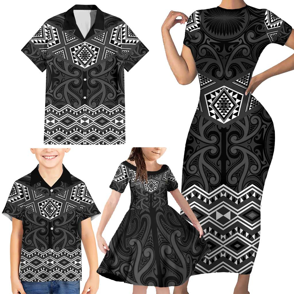 New Zealand Aotearoa Family Matching Short Sleeve Bodycon Dress and Hawaiian Shirt Black Taniko Art Maori Pattern