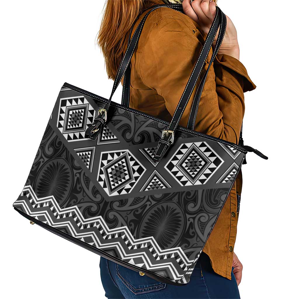 New Zealand Aotearoa Leather Tote Bag Black Taniko Art Maori Pattern
