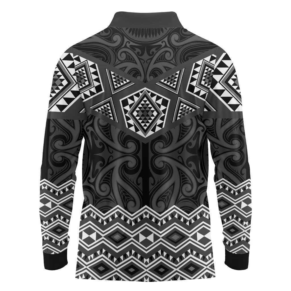 New Zealand Aotearoa Long Sleeve Polo Shirt Black Taniko Art Maori Pattern