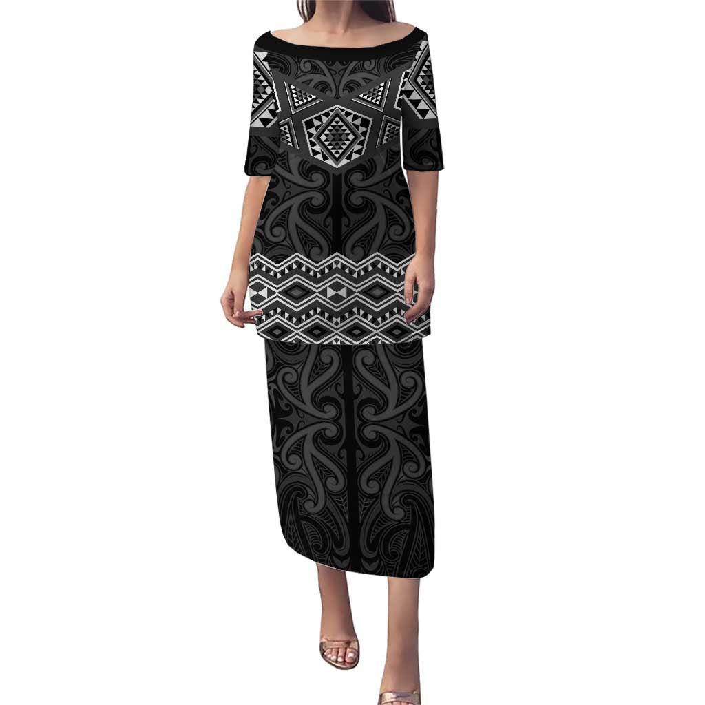 New Zealand Aotearoa Puletasi Black Taniko Art Maori Pattern LT05 Long Dress Black - Polynesian Pride