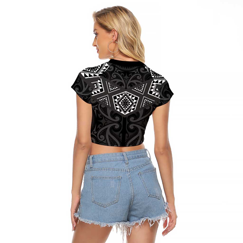 New Zealand Aotearoa Raglan Cropped T Shirt Black Taniko Art Maori Pattern LT05 - Polynesian Pride