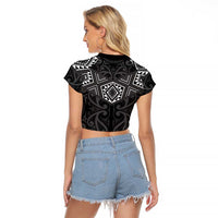 New Zealand Aotearoa Raglan Cropped T Shirt Black Taniko Art Maori Pattern LT05 - Polynesian Pride