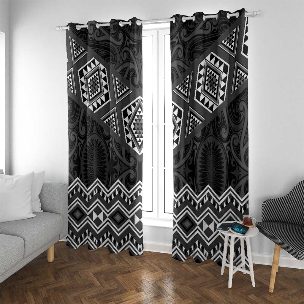 New Zealand Aotearoa Window Curtain Black Taniko Art Maori Pattern LT05 With Grommets Black - Polynesian Pride