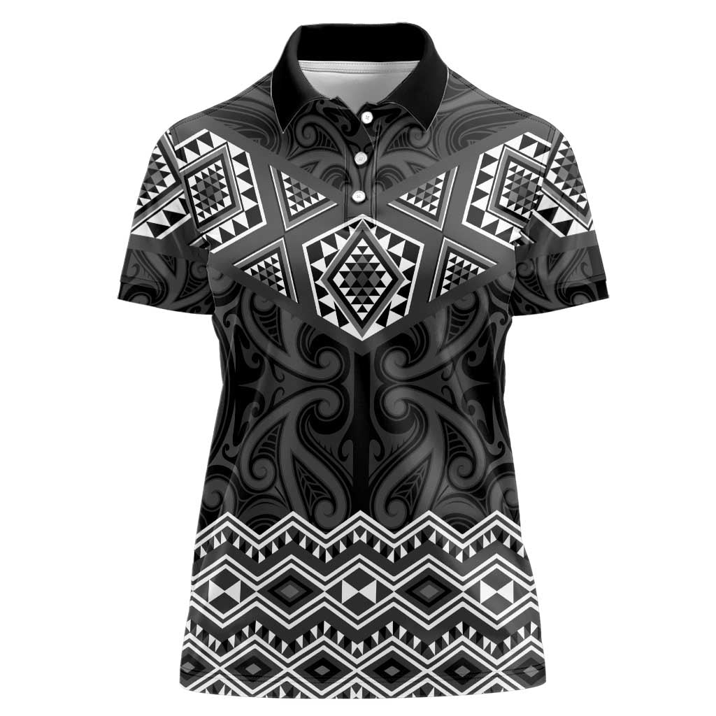 New Zealand Aotearoa Women Polo Shirt Black Taniko Art Maori Pattern