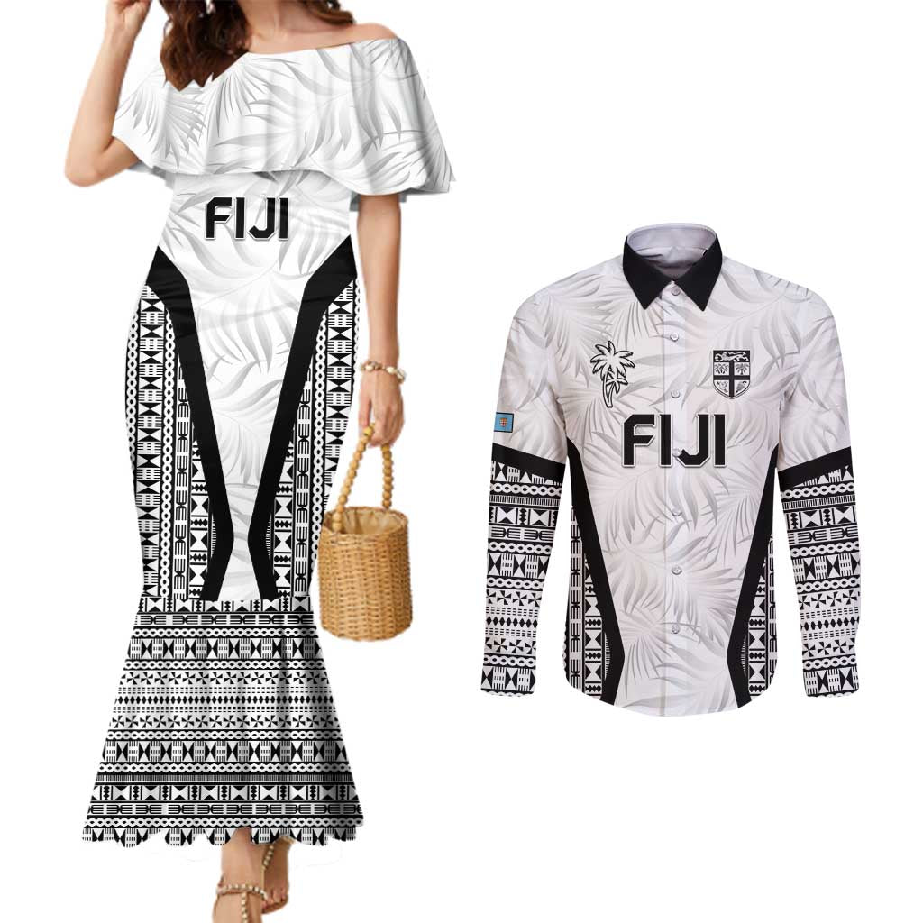 Custom Fiji 2026 Rugby Couples Matching Mermaid Dress and Long Sleeve Button Shirt Fijian Tapa Pattern LT05 White - Polynesian Pride