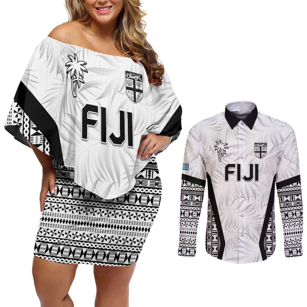 Custom Fiji 2026 Rugby Couples Matching Off Shoulder Short Dress and Long Sleeve Button Shirt Fijian Tapa Pattern LT05 White - Polynesian Pride