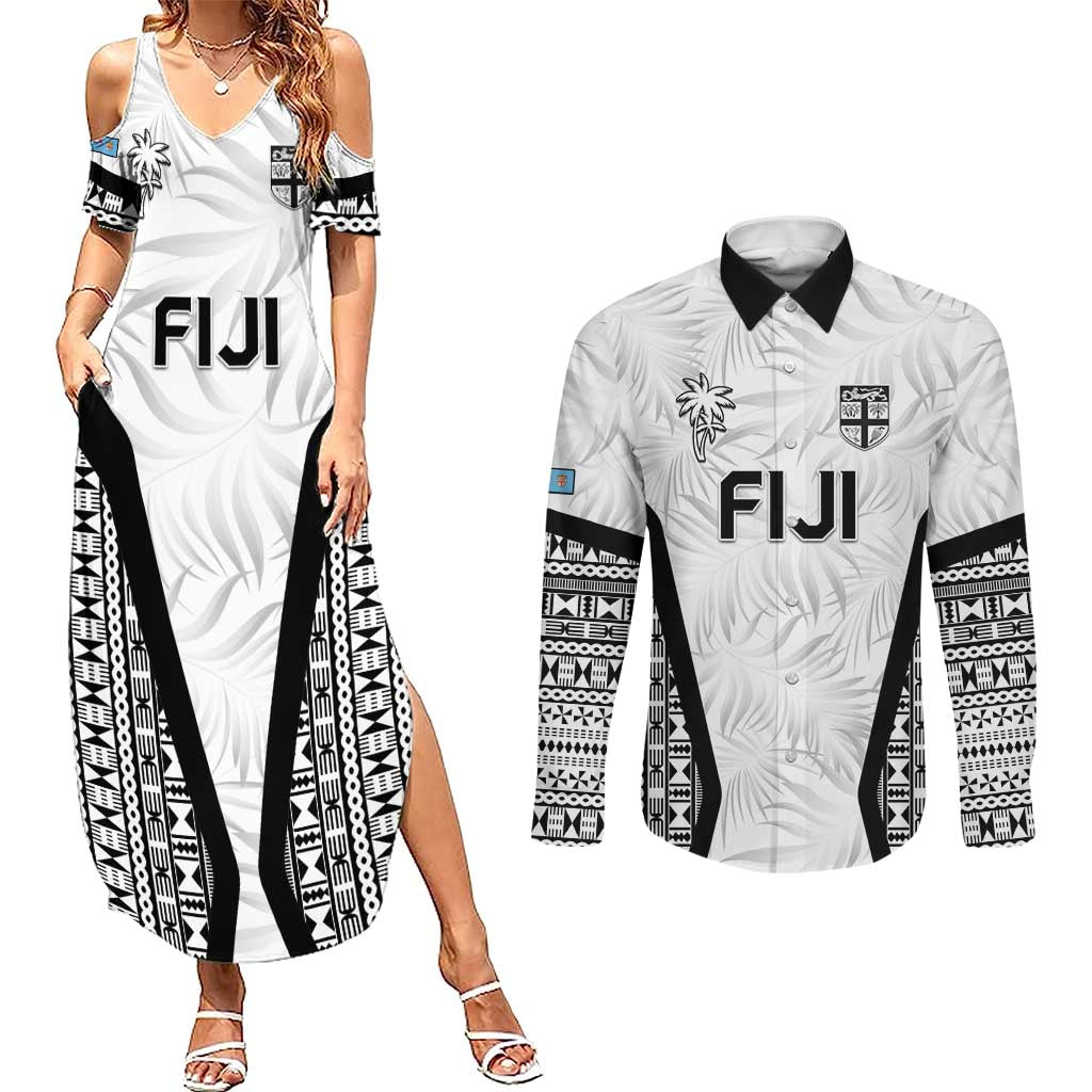 Custom Fiji 2026 Rugby Couples Matching Summer Maxi Dress and Long Sleeve Button Shirt Fijian Tapa Pattern LT05 White - Polynesian Pride