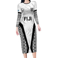 Custom Fiji 2026 Rugby Long Sleeve Bodycon Dress Fijian Tapa Pattern LT05 Long Dress White - Polynesian Pride