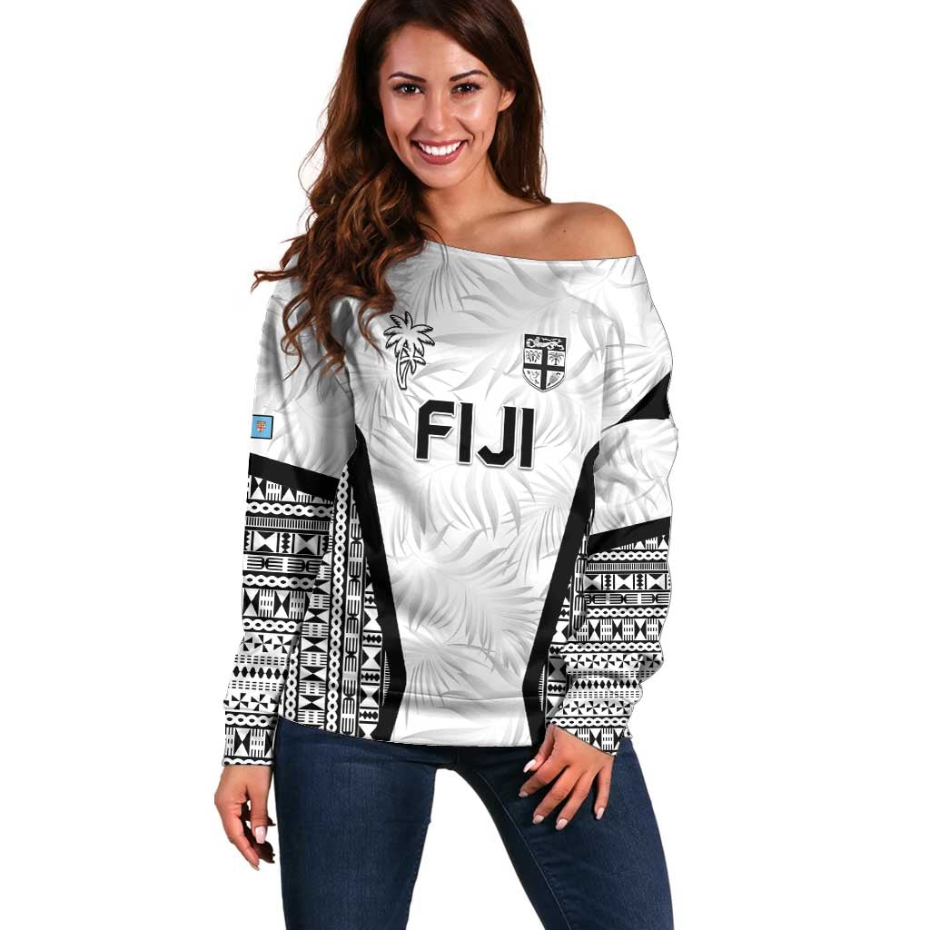 Custom Fiji 2026 Rugby Off Shoulder Sweater Fijian Tapa Pattern LT05 Women White - Polynesian Pride