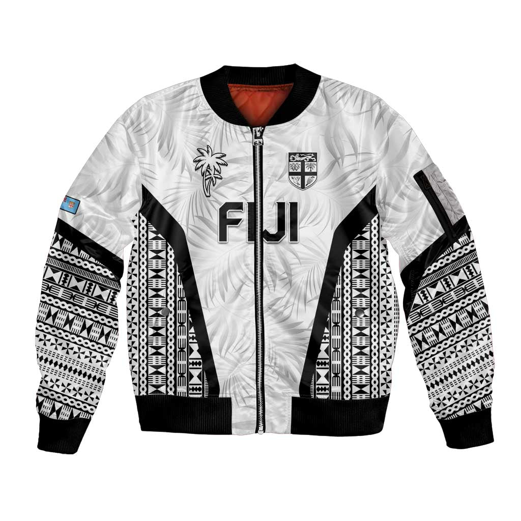 Custom Fiji 2026 Rugby Sleeve Zip Bomber Jacket Fijian Tapa Pattern LT05 Unisex White - Polynesian Pride