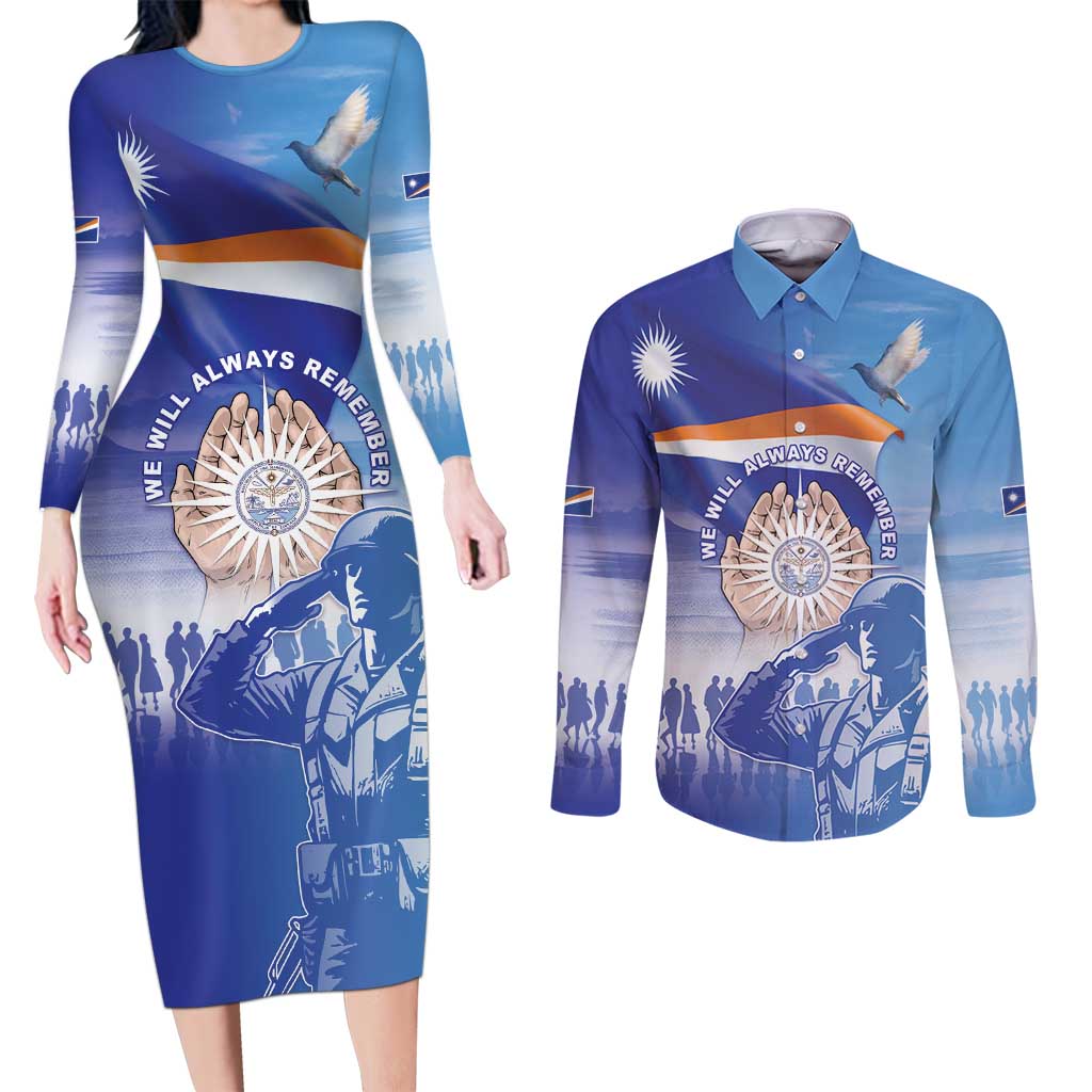 Personalised Marshall Islands Remembrance Day Couples Matching Long Sleeve Bodycon Dress and Long Sleeve Button Shirt We Will Always Remember LT05 Blue - Polynesian Pride