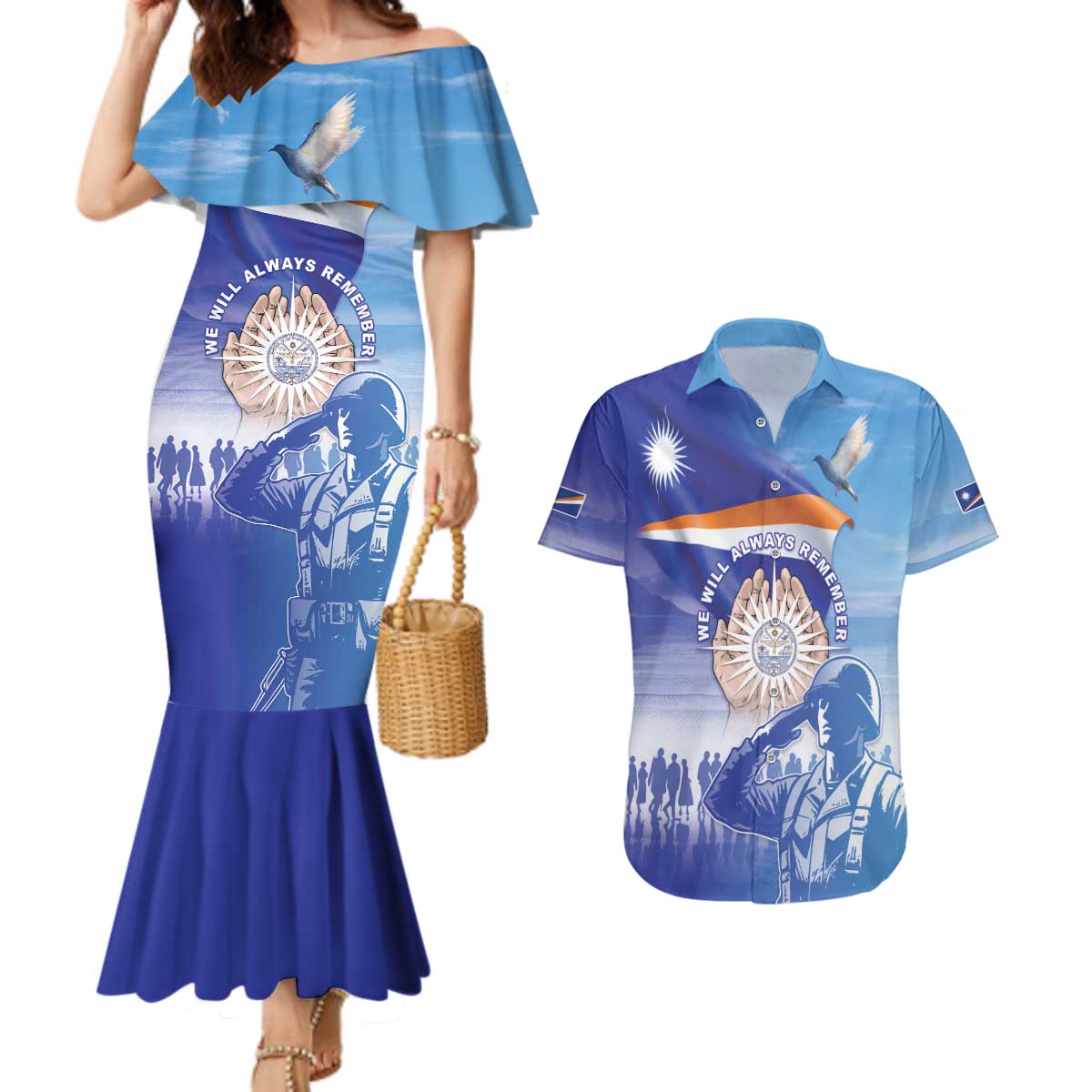 Personalised Marshall Islands Remembrance Day Couples Matching Mermaid Dress and Hawaiian Shirt We Will Always Remember LT05 Blue - Polynesian Pride