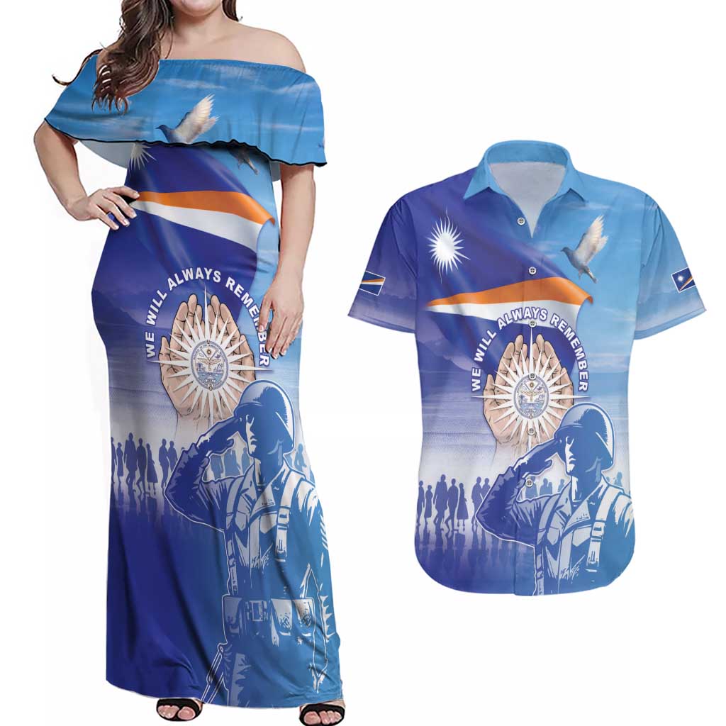 Personalised Marshall Islands Remembrance Day Couples Matching Off Shoulder Maxi Dress and Hawaiian Shirt We Will Always Remember LT05 Blue - Polynesian Pride