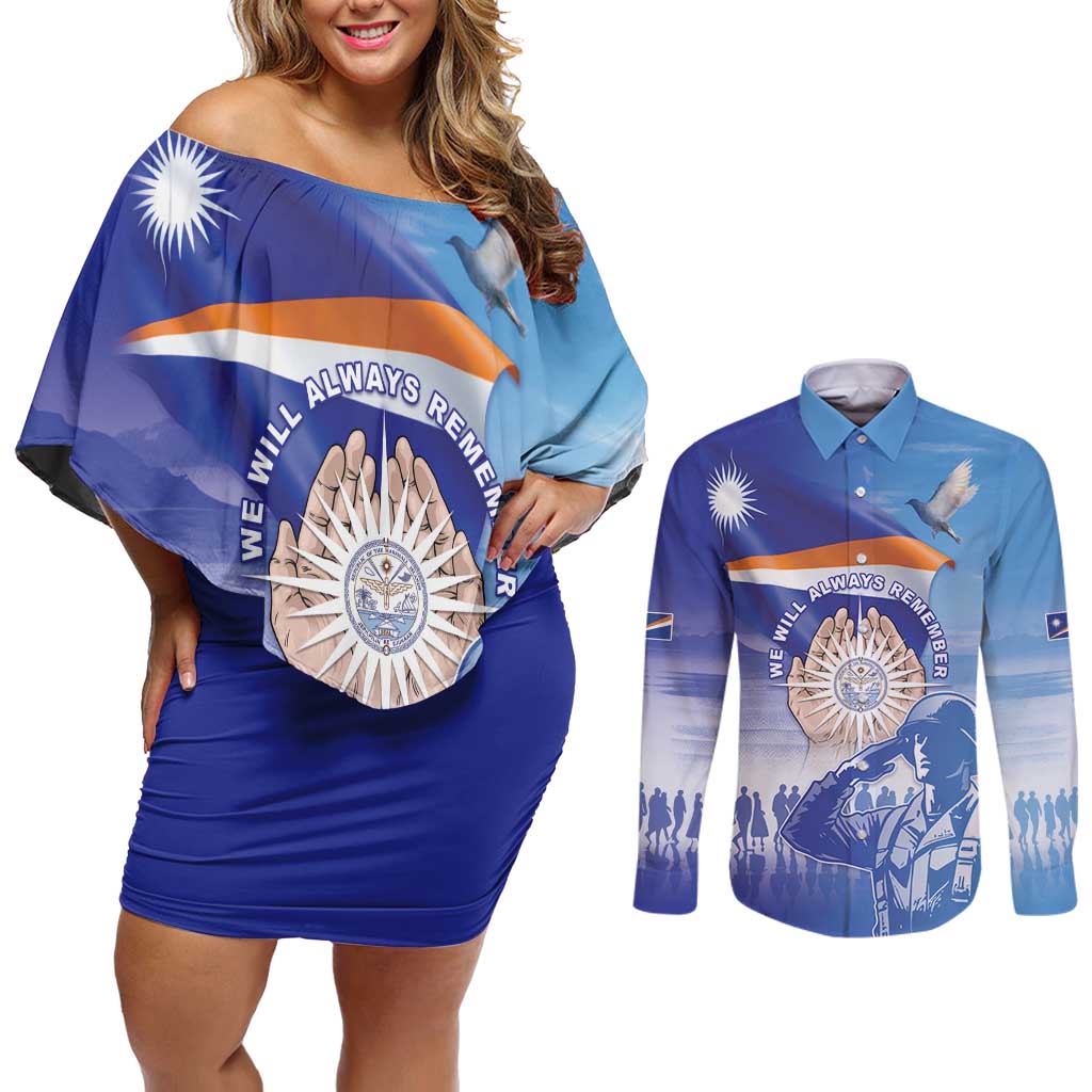 Personalised Marshall Islands Remembrance Day Couples Matching Off Shoulder Short Dress and Long Sleeve Button Shirt We Will Always Remember LT05 Blue - Polynesian Pride