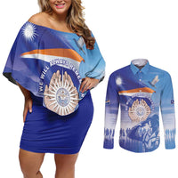 Personalised Marshall Islands Remembrance Day Couples Matching Off Shoulder Short Dress and Long Sleeve Button Shirt We Will Always Remember LT05 Blue - Polynesian Pride