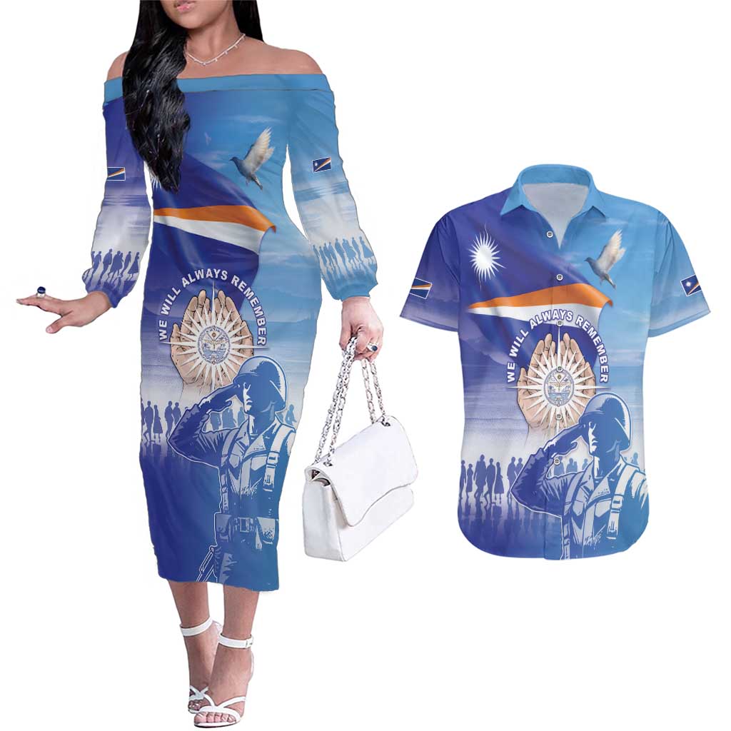 Personalised Marshall Islands Remembrance Day Couples Matching Off The Shoulder Long Sleeve Dress and Hawaiian Shirt We Will Always Remember LT05 Blue - Polynesian Pride