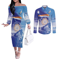 Personalised Marshall Islands Remembrance Day Couples Matching Off The Shoulder Long Sleeve Dress and Long Sleeve Button Shirt We Will Always Remember LT05 Blue - Polynesian Pride