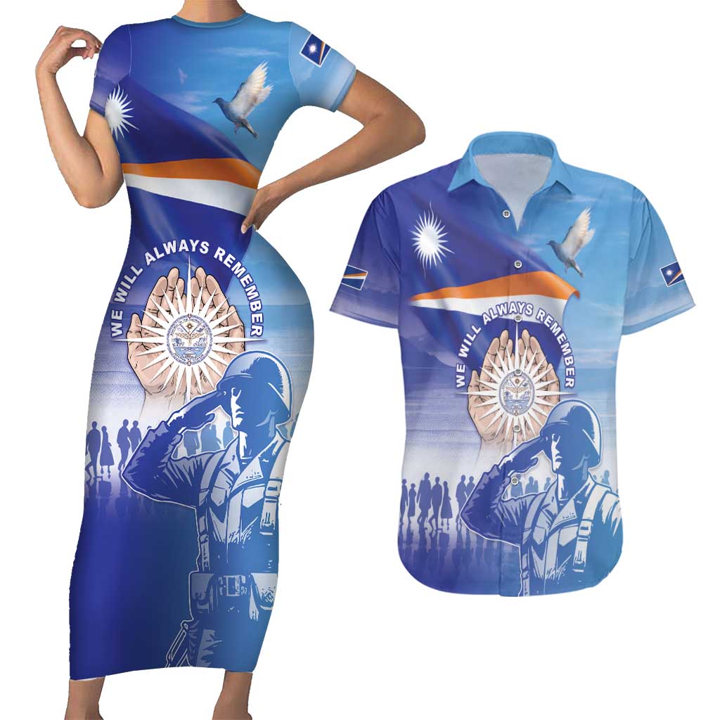 Personalised Marshall Islands Remembrance Day Couples Matching Short Sleeve Bodycon Dress and Hawaiian Shirt We Will Always Remember LT05 Blue - Polynesian Pride