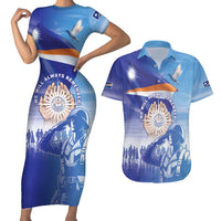 Personalised Marshall Islands Remembrance Day Couples Matching Short Sleeve Bodycon Dress and Hawaiian Shirt We Will Always Remember LT05 Blue - Polynesian Pride