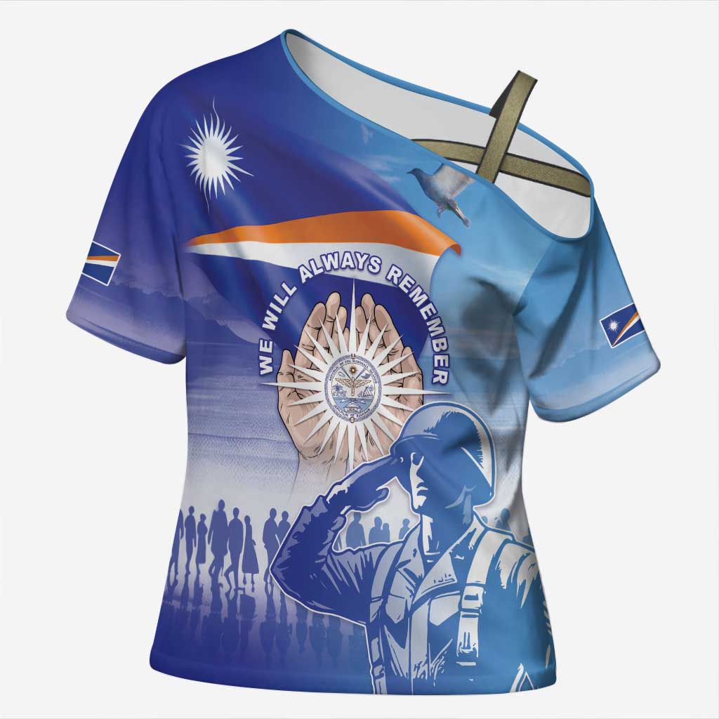 Personalised Marshall Islands Remembrance Day Cross Shoulder Shirt We Will Always Remember LT05 Female Blue - Polynesian Pride