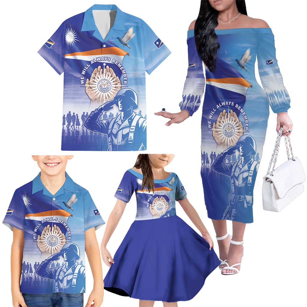 Personalised Marshall Islands Remembrance Day Family Matching Off The Shoulder Long Sleeve Dress and Hawaiian Shirt We Will Always Remember LT05 - Polynesian Pride