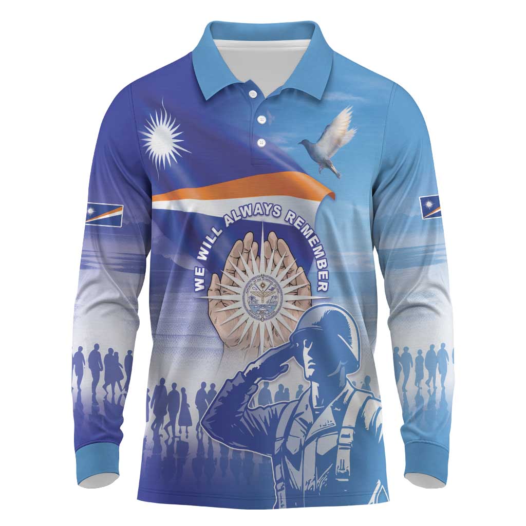 Personalised Marshall Islands Remembrance Day Long Sleeve Polo Shirt We Will Always Remember LT05 Blue - Polynesian Pride